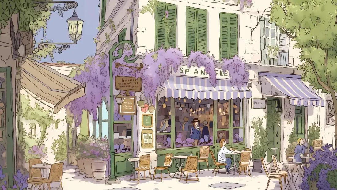 4k手绘街景咖啡馆壁纸｜紫藤花背景 - 插画「哲风壁纸」