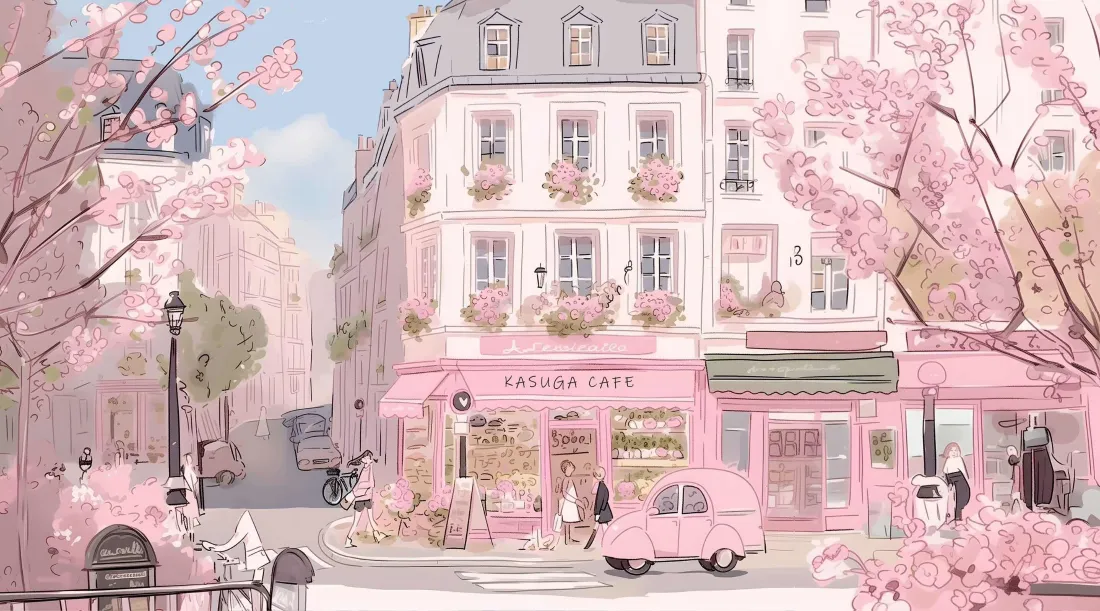 3k粉色巴黎街景壁纸｜手绘樱花街道 - 插画「哲风壁纸」