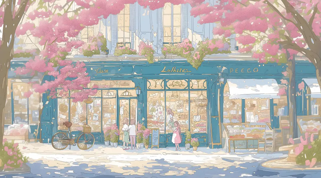 4k手绘樱花街道壁纸｜蓝色建筑背景 - 春日浪漫「哲风壁纸」