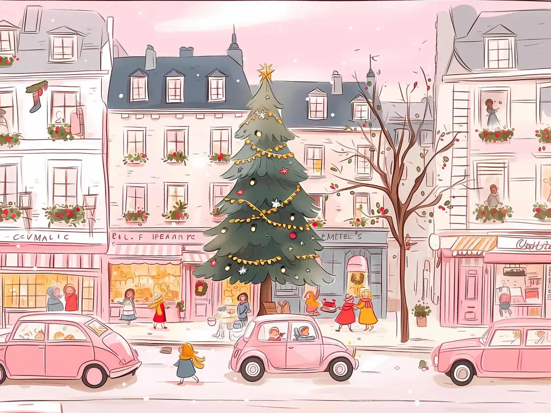 3k手绘圣诞街景壁纸｜粉色汽车街道 - 欧式建筑「哲风壁纸」
