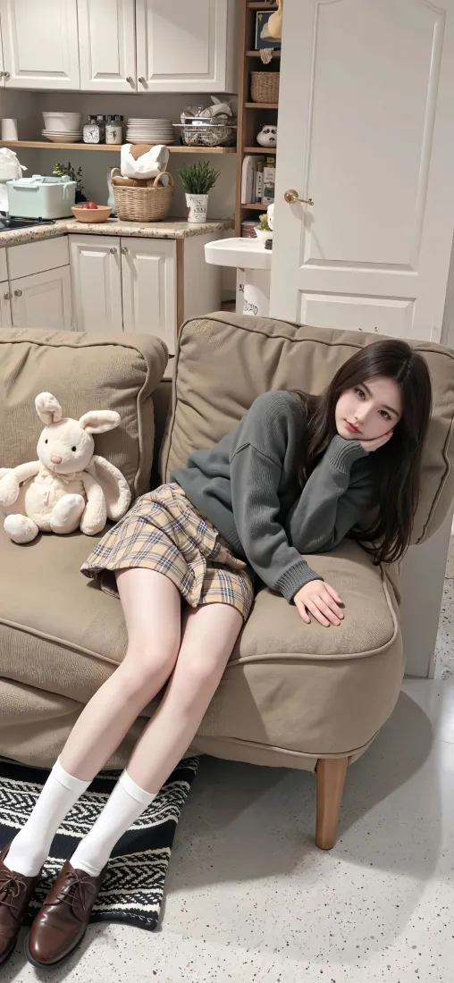 长发美女沙发手机壁纸｜居家背景 - 大长腿「哲风壁纸」