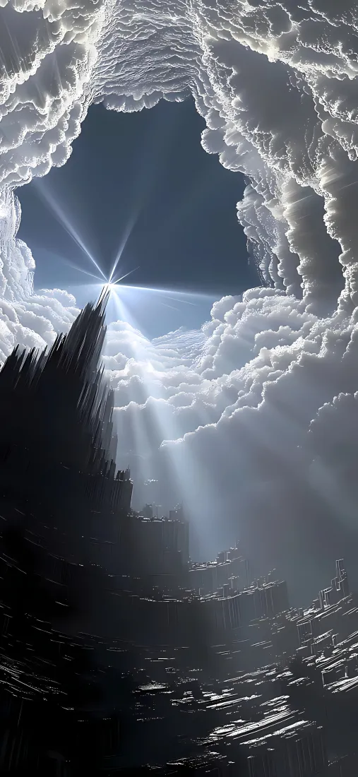 光境云城手机壁纸｜科幻云层背景 - 光束云洞「哲风壁纸」