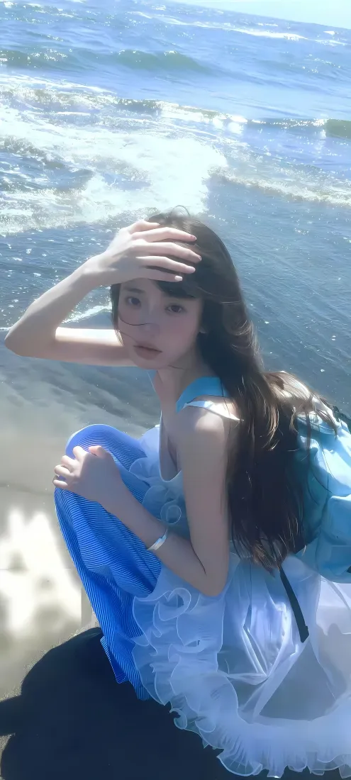 蓝裙美女海边手机壁纸｜朦胧海浪背景 - 清新「哲风壁纸」