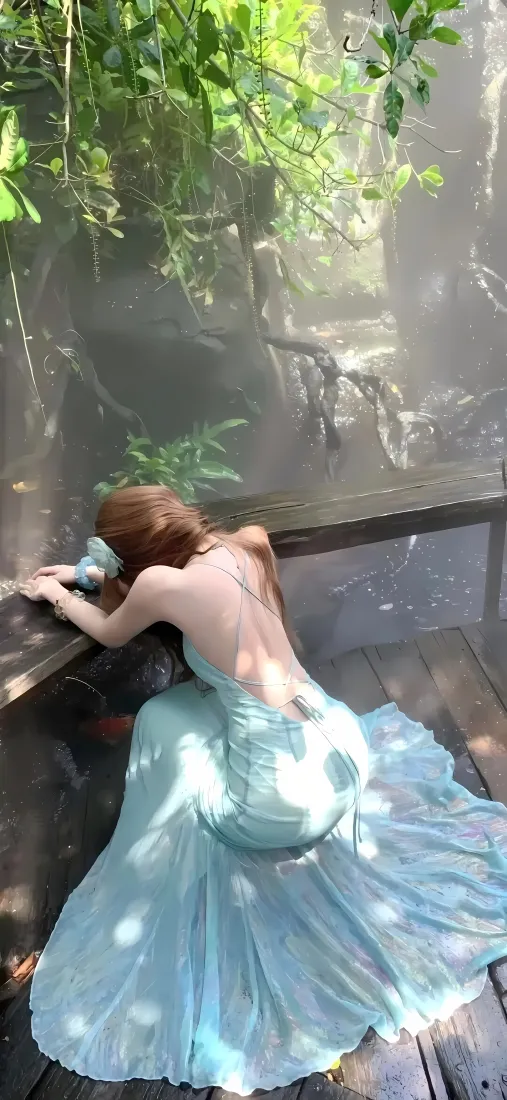 蓝色鱼尾裙背影手机壁纸｜丛林栈道 - 自然风景「哲风壁纸」