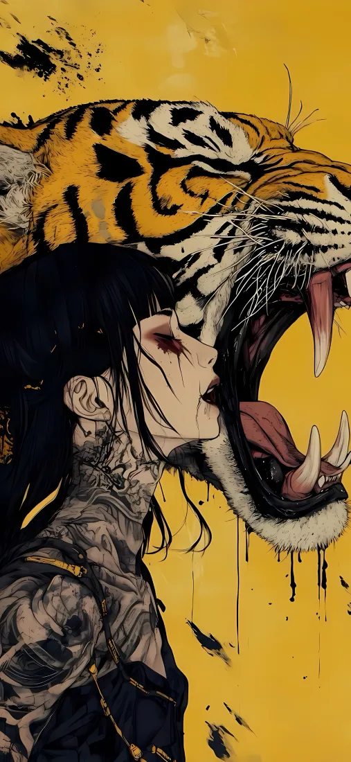 纹身女孩老虎手机壁纸｜黄色背景 - 暗黑艺术「哲风壁纸」