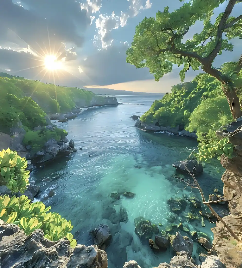 岩石阳光湖水手机壁纸｜海湾风景 - 绿植海岸「哲风壁纸」