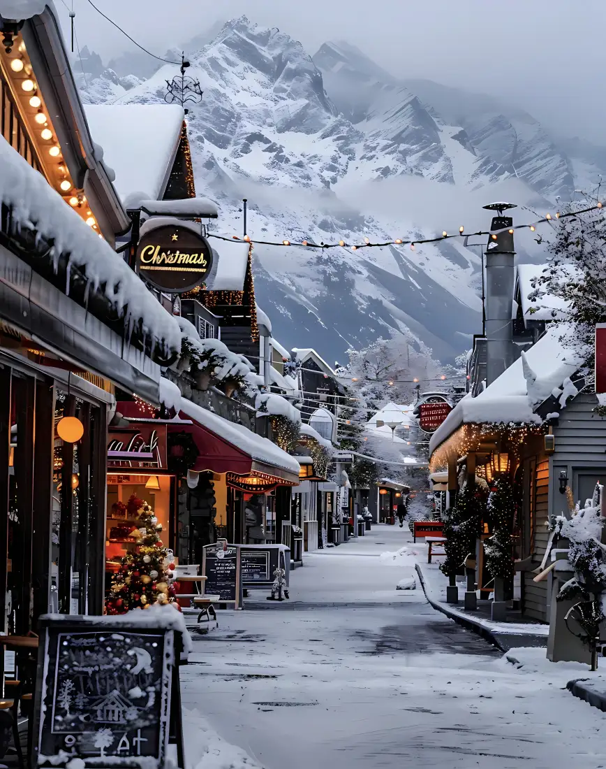雪山小镇商店手机壁纸｜积雪街道背景 - 冬日雪景「哲风壁纸」