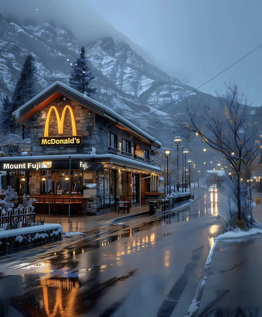 雪山街道麦当劳手机壁纸｜雨夜雪景 - 金拱门「哲风壁纸」