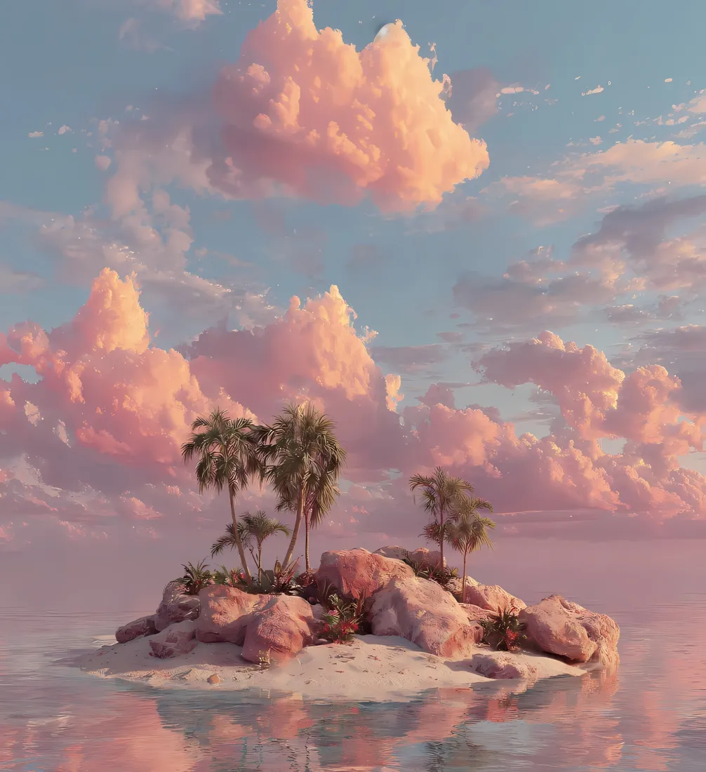 粉红小岛手机壁纸｜湖水夏威夷树背景 - 梦幻天空「哲风壁纸」