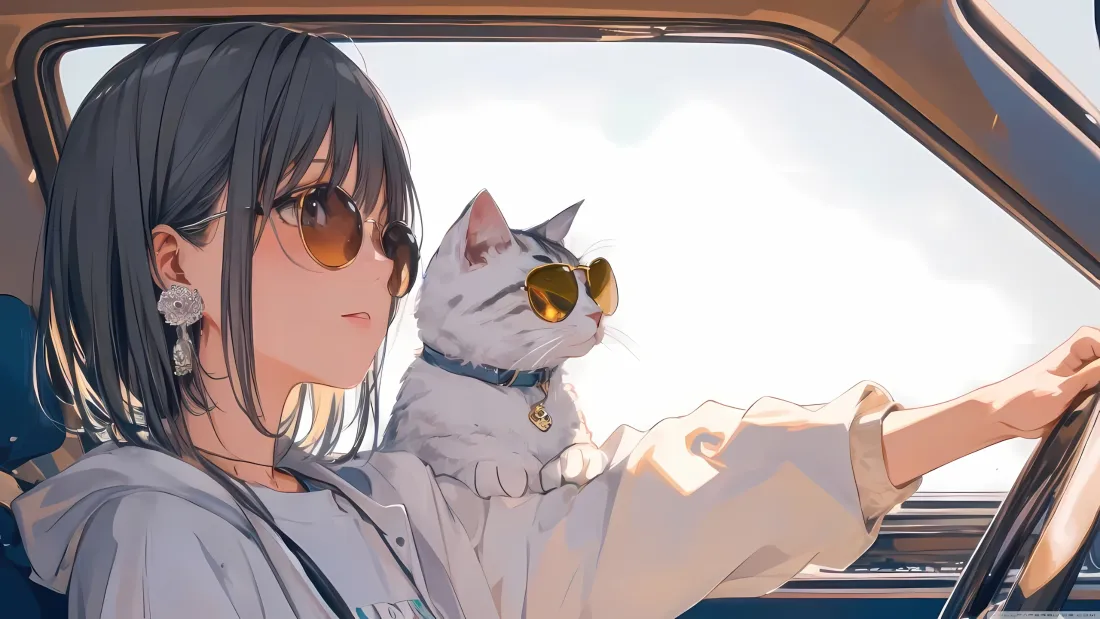 3k动漫女孩猫咪汽车墨镜壁纸｜车内插画 - 驾驶「哲风壁纸」