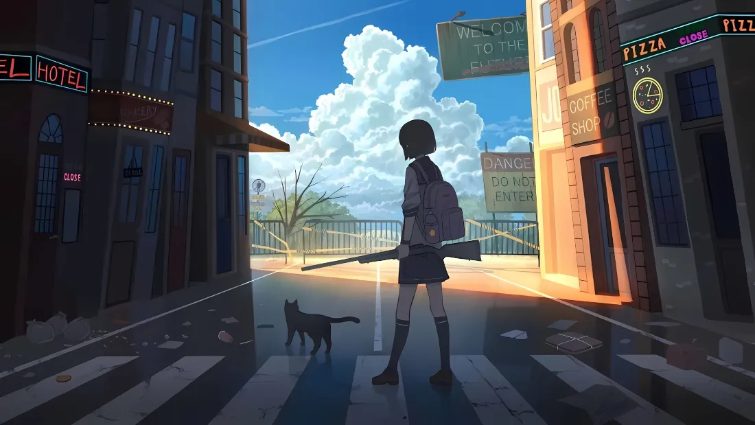 2kjk少女壁纸｜蓝天巷子 - 猫咪斑马线「哲风壁纸」