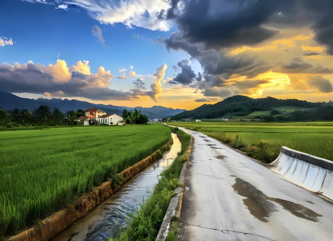 2k乡村路稻田河道壁纸｜蓝天远山晚霞 - 云朵「哲风壁纸」