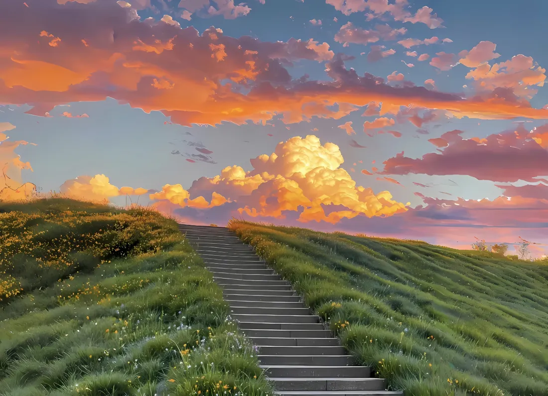 2k晚霞草地楼梯壁纸｜山坡黄昏背景 - 自然风景「哲风壁纸」