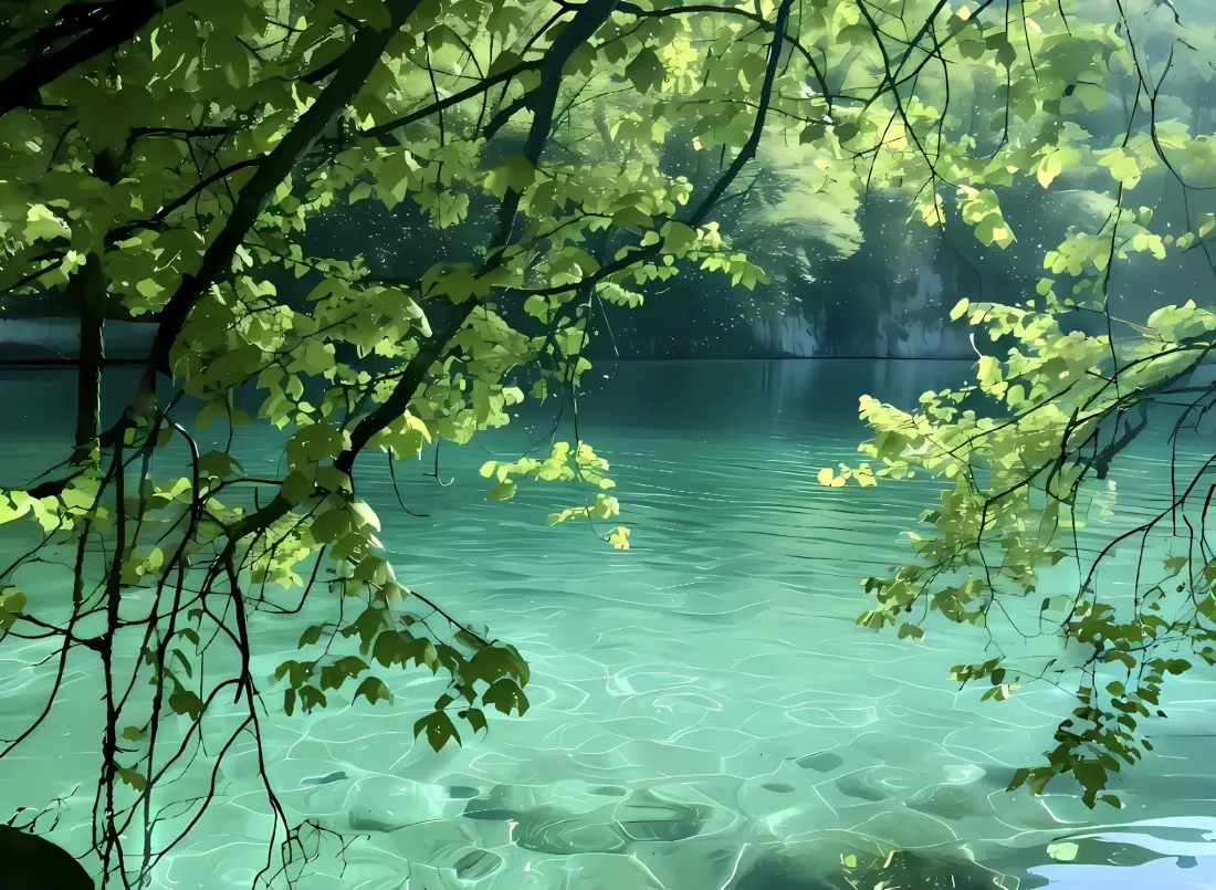 2k自然风景壁纸｜碧水树枝背景 - 绿叶湖水「哲风壁纸」