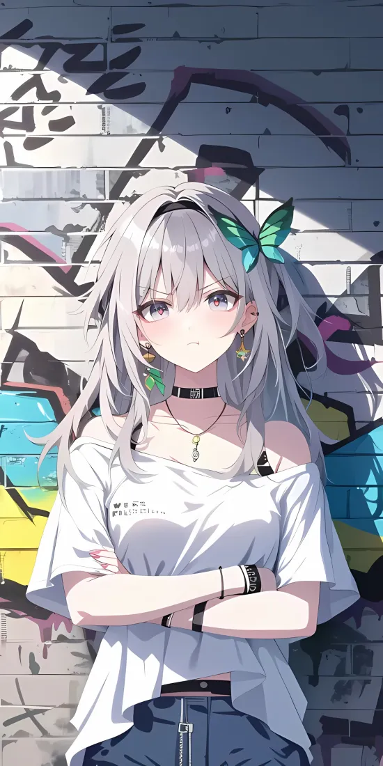 生气银发少女手机壁纸｜涂鸦墙背景 - 动漫「哲风壁纸」