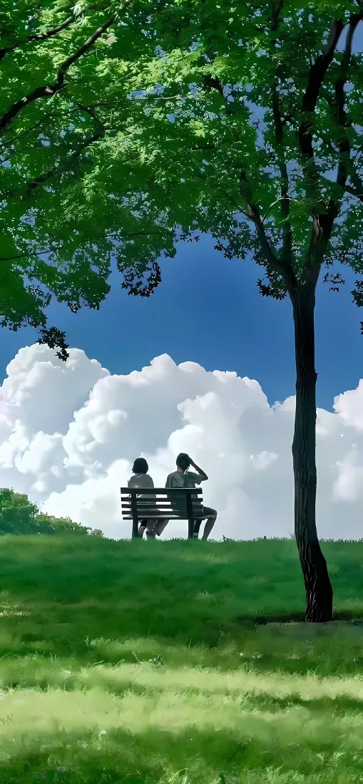 长椅情侣草地手机壁纸｜蓝天绿树背景 - 自然风景「哲风壁纸」