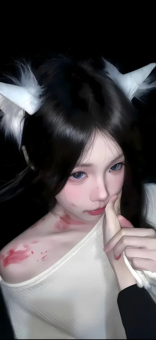 猫耳美女手机壁纸｜黑底 - 白衣红印「哲风壁纸」