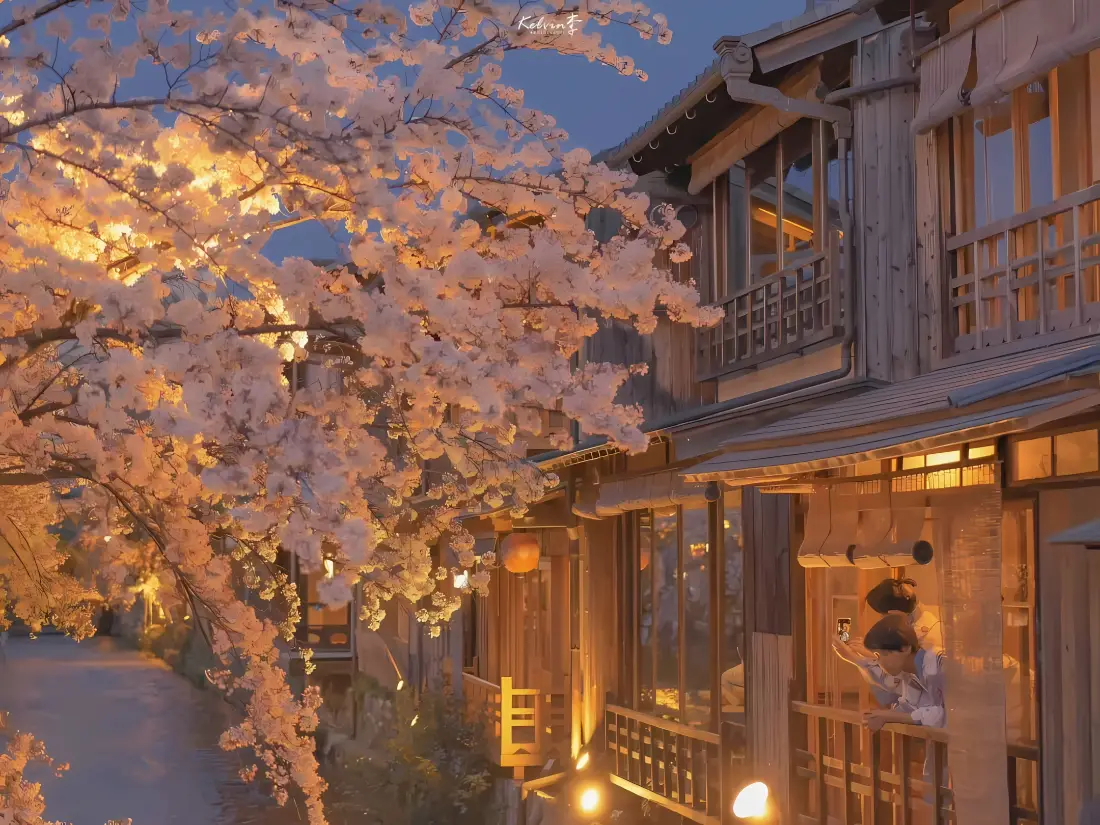 2k樱花日式木屋壁纸｜原木风夜景 - 暖光朦胧「哲风壁纸」