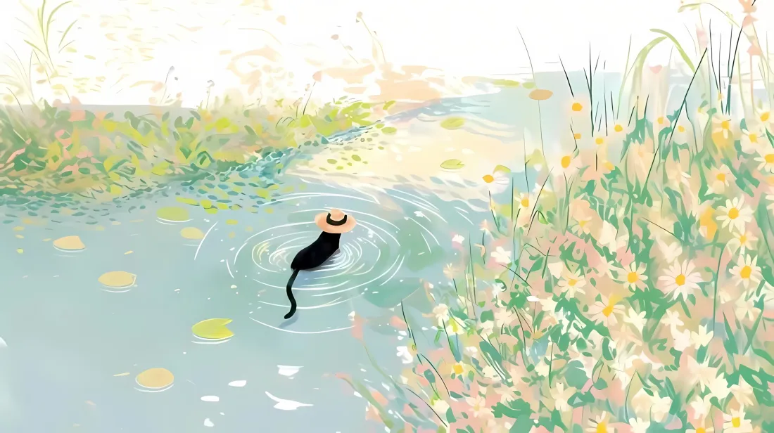 3k卡通小猫壁纸｜花丛河水背景图片 - 自然风景「哲风壁纸」