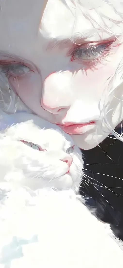 白发少女白猫手机壁纸｜光影背景 - 艺术插画「哲风壁纸」