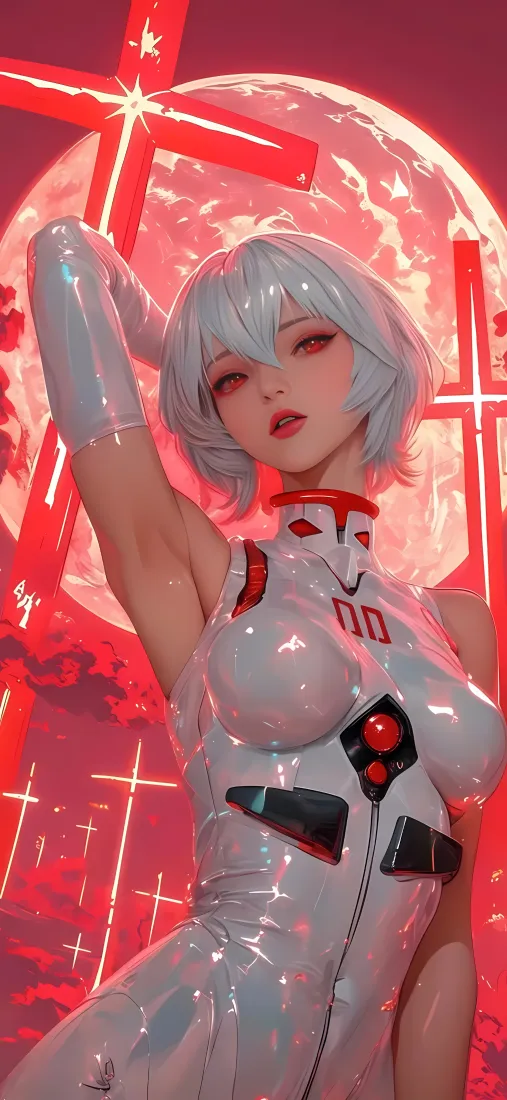 银发赛博朋克少女手机壁纸｜红月十字架 - 皮衣「哲风壁纸」
