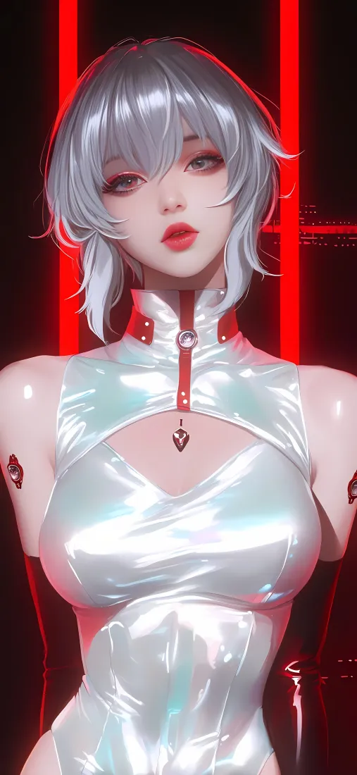 银发辣妹皮衣手机壁纸｜红色背景 - 紧身银装「哲风壁纸」