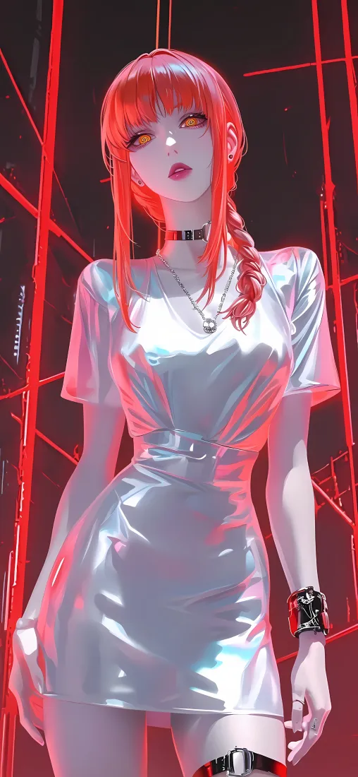 玛奇玛手机壁纸｜红色霓虹 - 电锯人银裙「哲风壁纸」