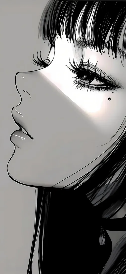 泪痣少女动漫手机壁纸｜黑白光影 - 侧脸睫毛「哲风壁纸」