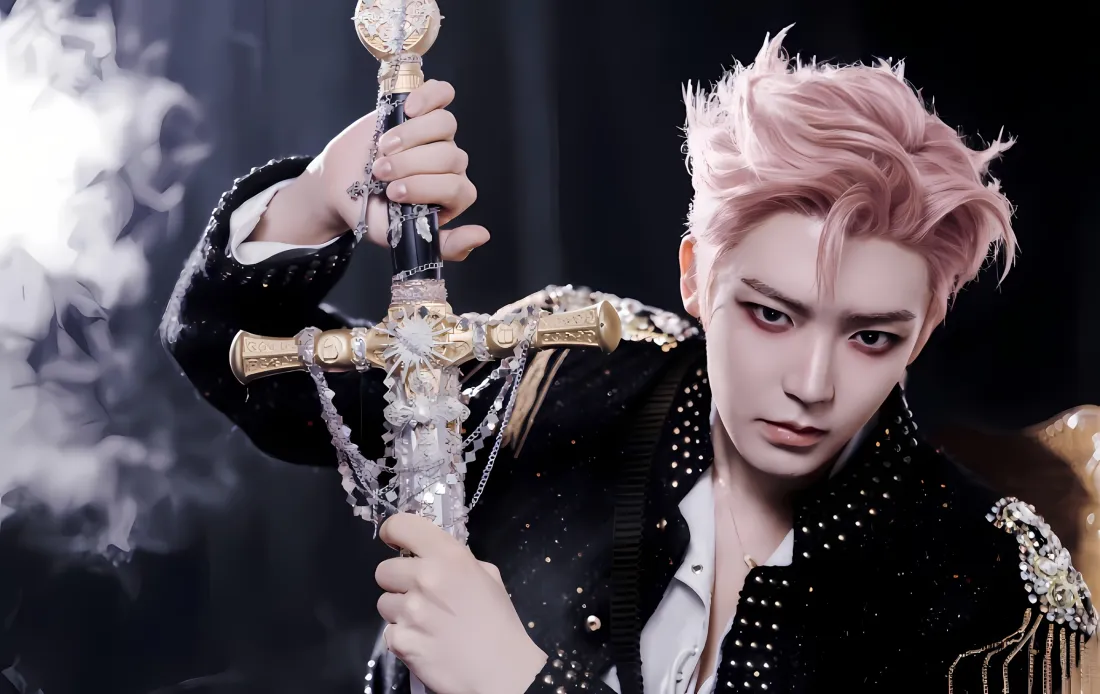 2k侯明昊粉发宝剑壁纸｜烟雾背景图片 - 帅气「哲风壁纸」