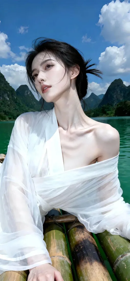 白衣美女手机壁纸｜山水竹筏背景 - 清新「哲风壁纸」