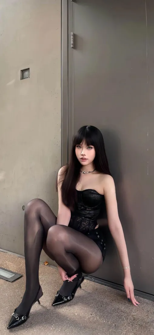 黑衣美女黑丝手机壁纸｜灰背景 - 性感「哲风壁纸」