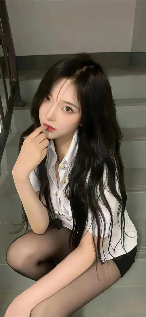 长发美女手机壁纸｜楼梯间背景 - 白衬衫黑丝「哲风壁纸」