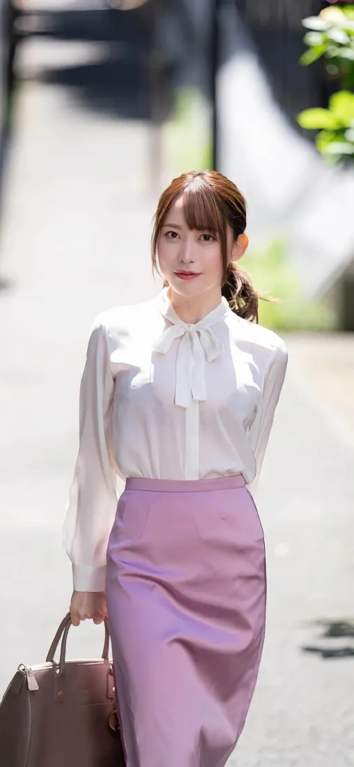 紫裙美女手机壁纸｜街拍背景 - 白衬衫职场风「哲风壁纸」