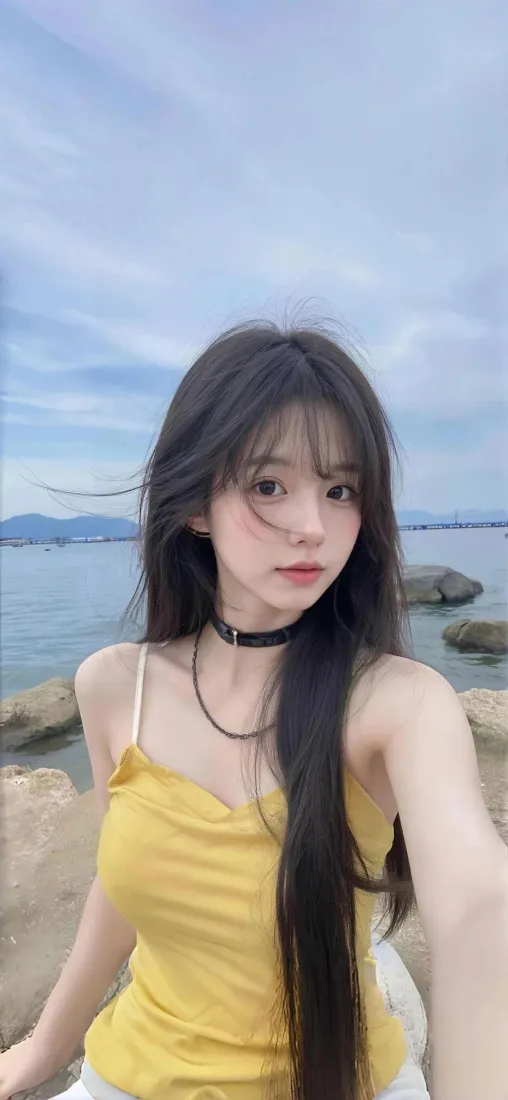 美女手机壁纸｜海边自拍 - 黄色吊带长发「哲风壁纸」