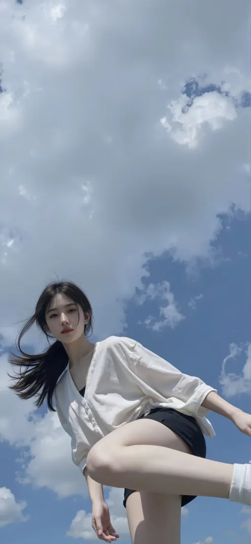 白衣女生跳跃4K手机壁纸｜蓝天白云 - 清新「哲风壁纸」
