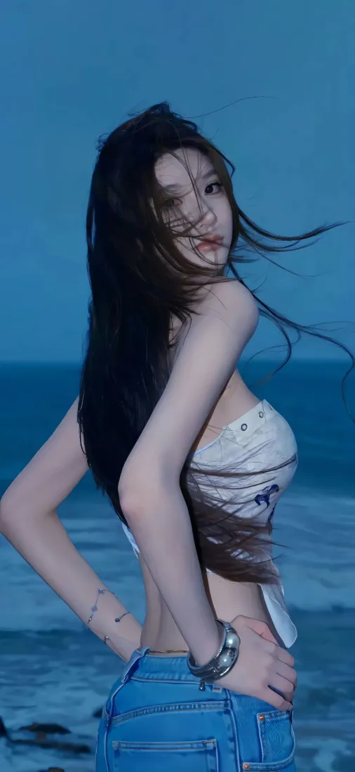 海边美女手机壁纸｜蓝色大海背景 - 4K手机壁纸「哲风壁纸」