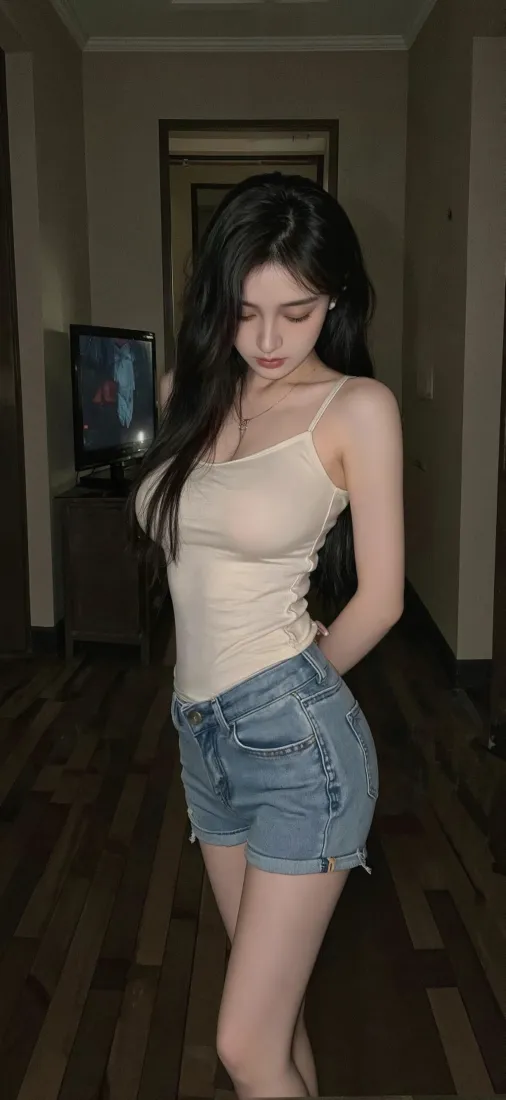 美女吊带牛仔短裤手机壁纸｜室内 - 4K「哲风壁纸」