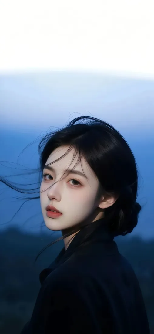 黑衣美女手机壁纸｜蓝色背景图片 - 户外人像「哲风壁纸」