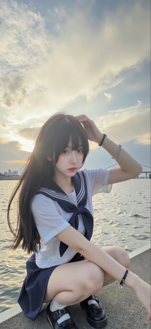 JK少女海边4K手机壁纸｜日系清新背景 - 水手服「哲风壁纸」