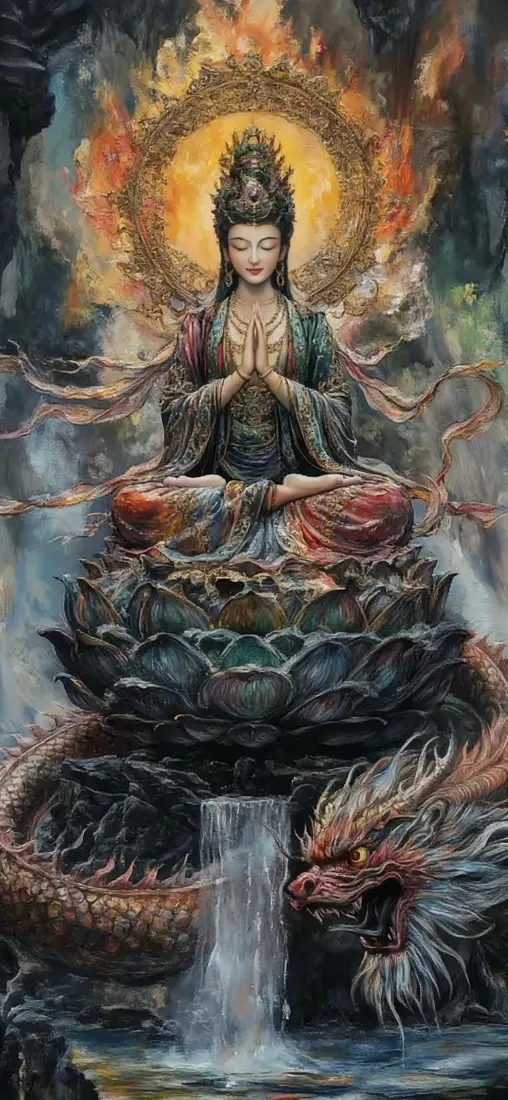 观音手机壁纸｜莲花座龙背景 - 宗教艺术「哲风壁纸」