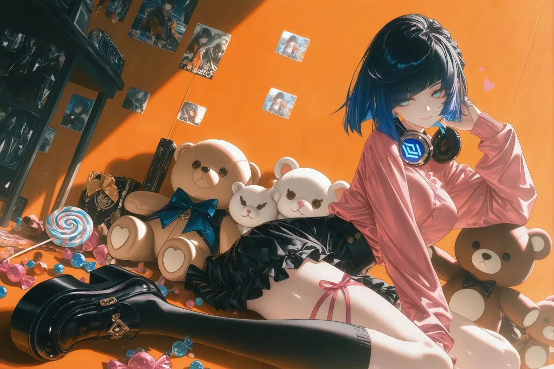 4k夜兰AI原神壁纸｜橙色光影 - 布偶小熊黑丝长腿「哲风壁纸」