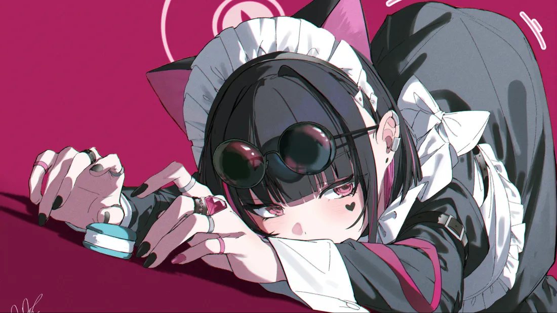 3k猫耳女仆动漫少女壁纸｜偏红 - 护目镜黑发「哲风壁纸」