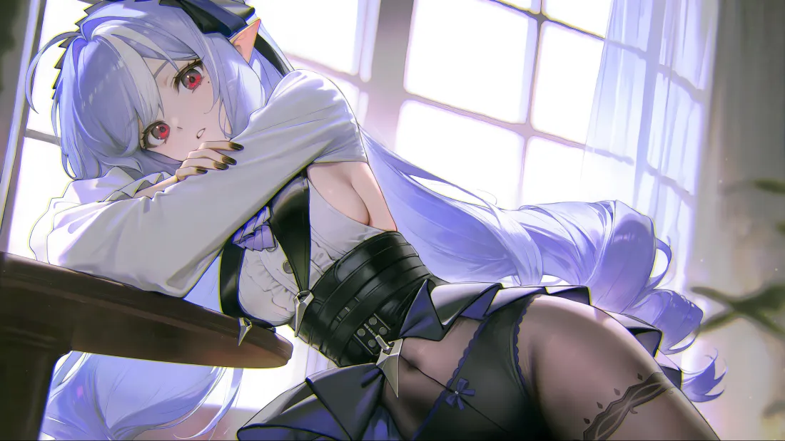 3k紫发美女壁纸｜窗边动漫 - 黑丝二次元「哲风壁纸」