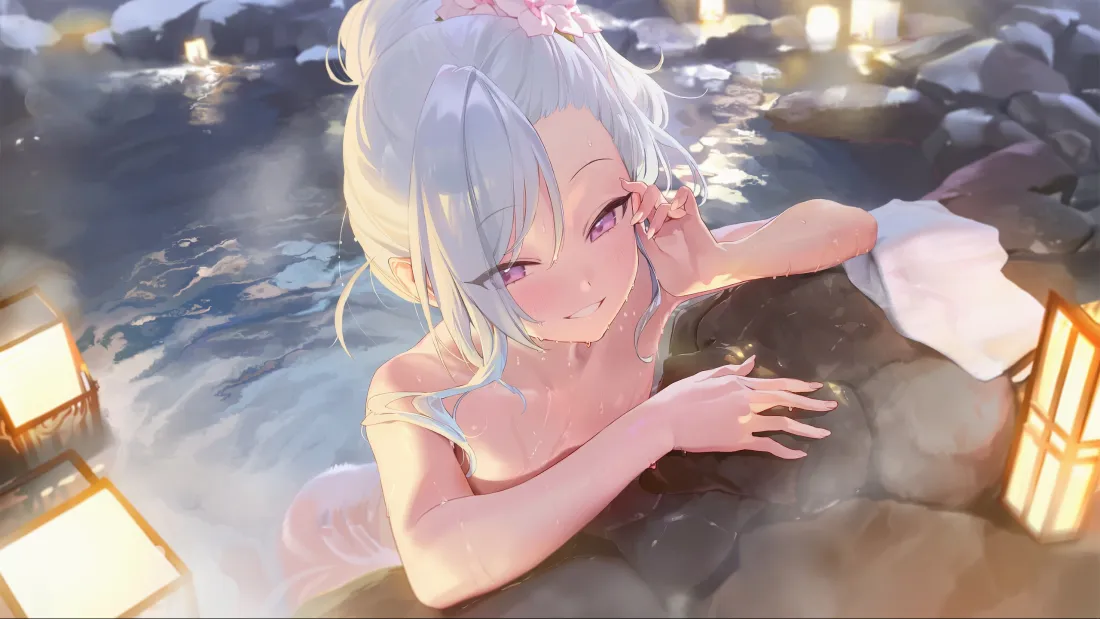 3k白发动漫美女温泉壁纸｜灯笼背景 - 二次元「哲风壁纸」