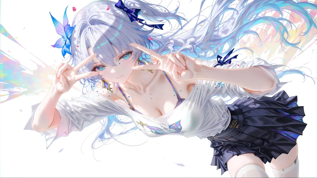 3k动漫女孩壁纸｜白衣黑裙背景 - 白发蓝饰「哲风壁纸」