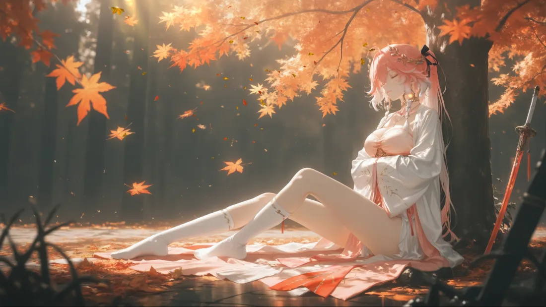 3k红衣动漫美女壁纸｜枫叶林 - 二次元古风「哲风壁纸」