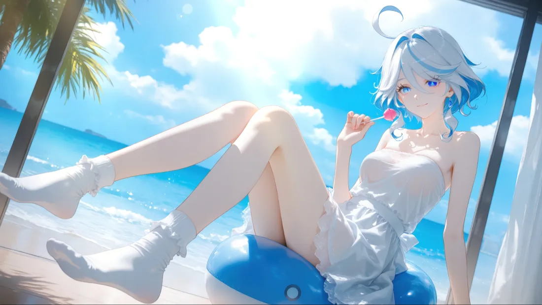 3k蓝发动漫女孩壁纸｜海滩背景图片 - 白裙「哲风壁纸」