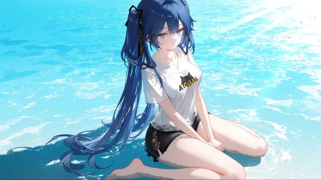 3k蓝发动漫女孩壁纸｜蓝色水边背景 - 白衣黑裤「哲风壁纸」