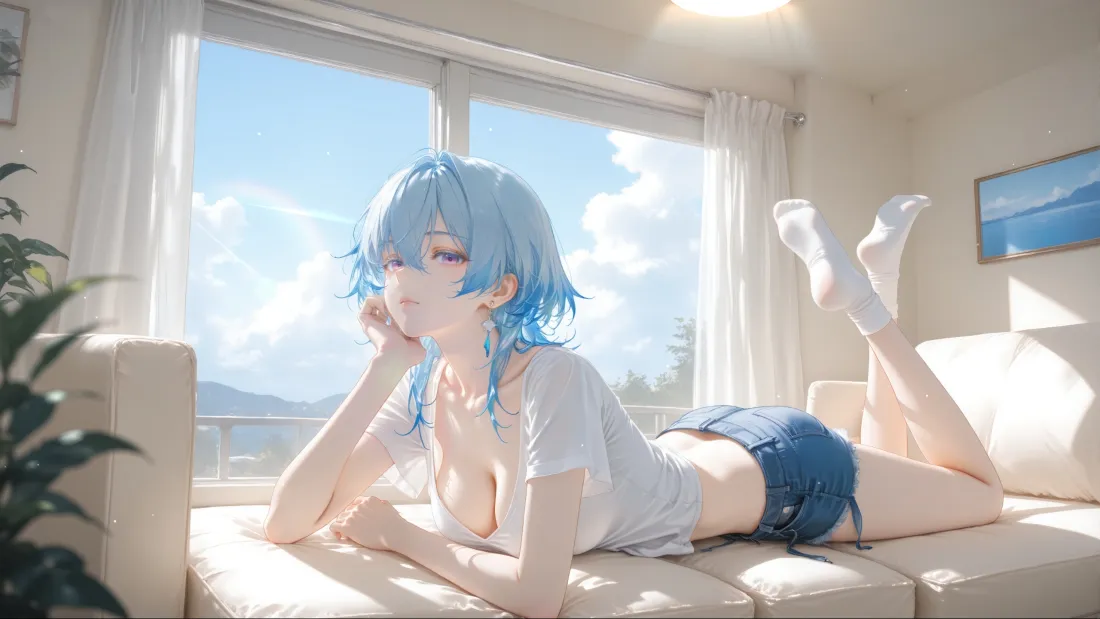 3k蓝发动漫女孩壁纸｜室内沙发背景 - 美女「哲风壁纸」