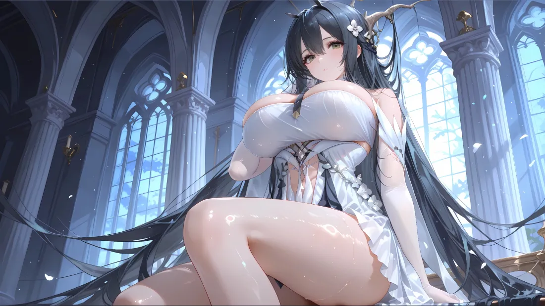 3k动漫美女壁纸｜哥特教堂背景 - 白衣黑发女孩「哲风壁纸」